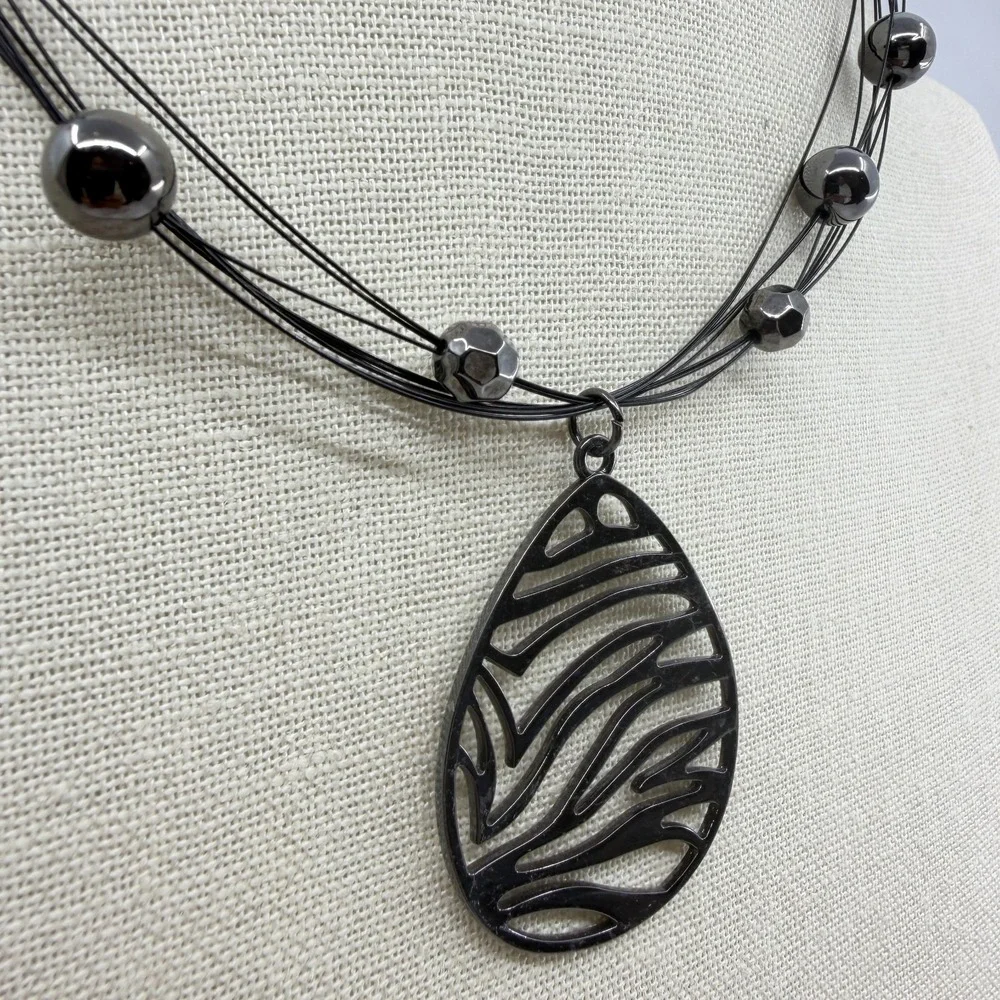 Gunmetal Zebra Teardrop Pendant Multi Strand Wire Necklace Statement Jewelry
